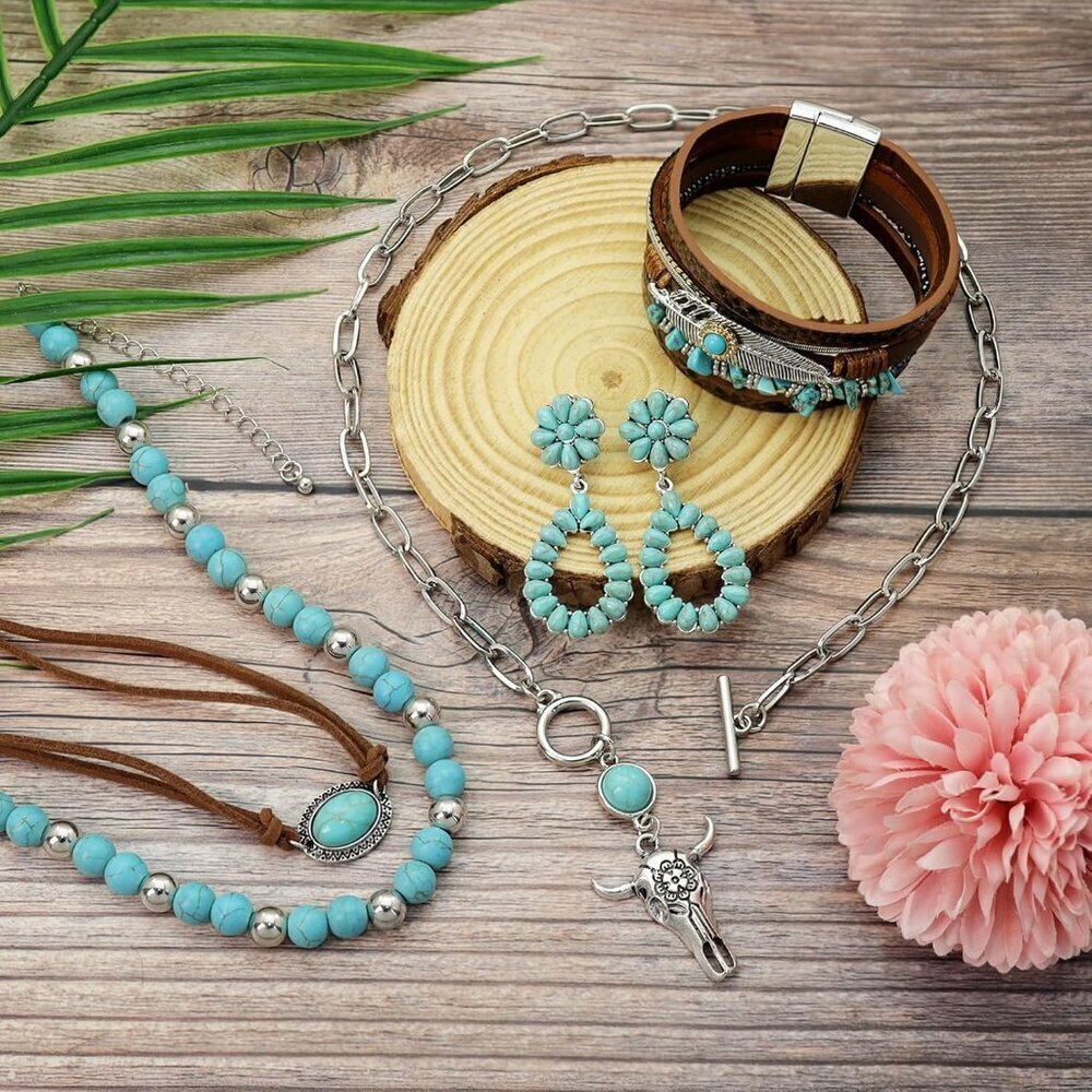 Western Boho Jewelry Set Women Turquoise Earrings Necklace Bracelet Cowgirl - Picture 6 of 7